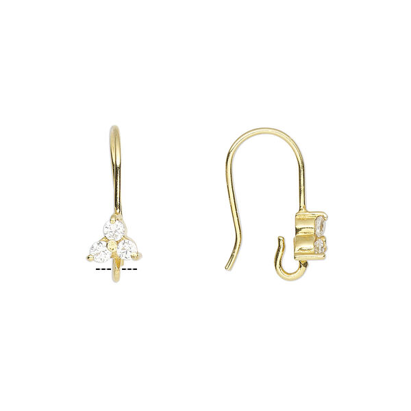 Ear wire, cubic zirconia and gold-finished sterling silver, clear, 16mm fishhook with 5.5x5mm faceted triangle and open loop, 21 gauge. Sold per pair. image number 0