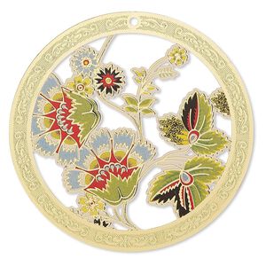 Focal, Lazer Lace™, color film and gold-finished brass, multicolored, 45mm single-sided round with cutouts and floral design. Sold per pkg of 2.