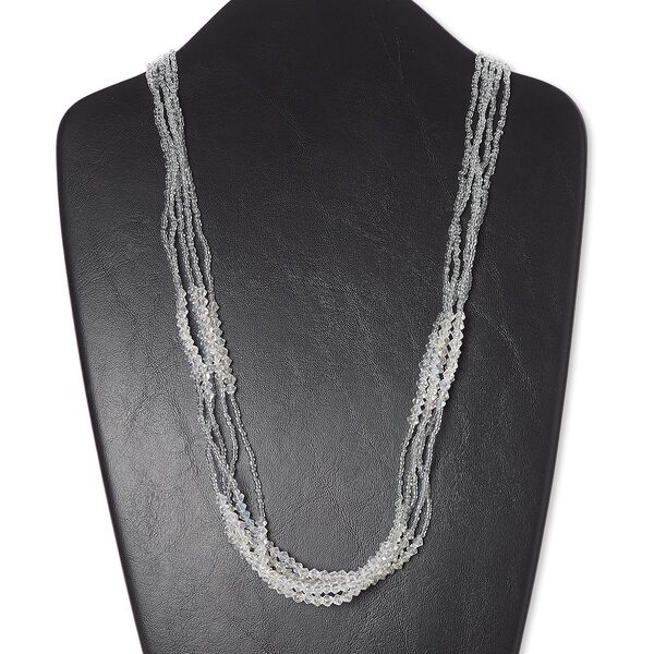 Necklace, 5-strand, glass / silver-finished steel / silver-plated brass, clear AB, 4x4mm double cone and seed bead, 33 inches with 2-inch extender chain and lobster claw clasp. Sold individually. image number 0