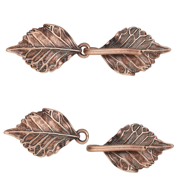 Clasp, JBB Findings, hook-and-eye, antique copper-plated brass, 51x15mm double-sided leaves with hidden loops. Sold individually. image number 0