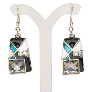 Earring, glass rhinestone / enamel / glass / gold-finished brass / "pewter" (zinc-based alloy), multicolored, 1-3/4 inches with rectangle and fishhook ear wire. Sold per pair.