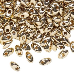 Seed bead, Miyuki, glass, pkg/250g, 7x4mm long magatama, opaque 24Kt gold-plated, (LMA-193).