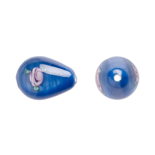 Bead, Czech lampworked glass, opaque blue / pink / green, 14x10mm-15x11mm teardrop with flower design. Sold per pkg of 2. image number 0
