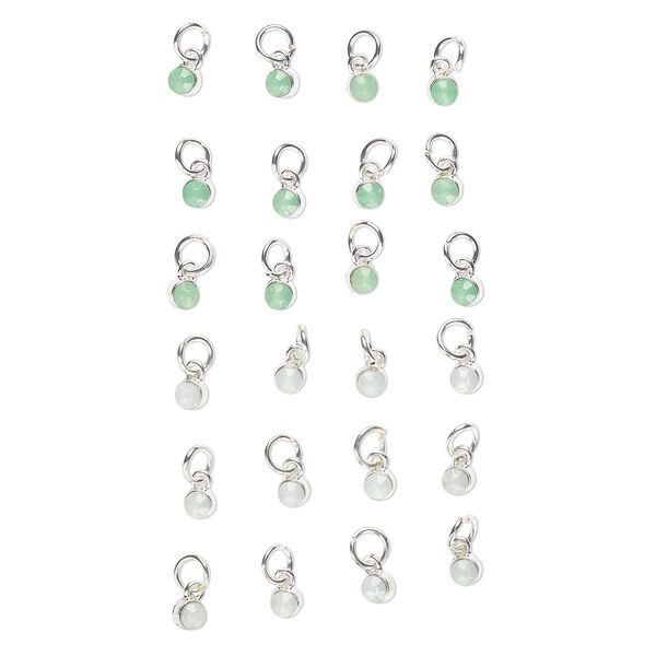Drop mix, plastic / silver-finished steel / silver-finished brass, milky white and green, 5mm faceted round with 6mm jump ring. Sold per 24-piece set. image number 0