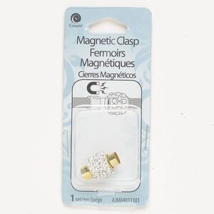 Clasp magnetic 1pkg1, 15x13mm barrel / fits 5.6mm cord, gold-finished brass / clear glass / white epoxy 1-strand