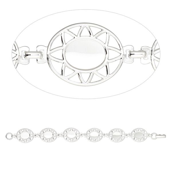 Bracelet component, silver-plated brass, 20x17mm fancy oval with (6) 10x8mm oval settings, 7 inches with fold-over clasp. Sold individually. image number 0