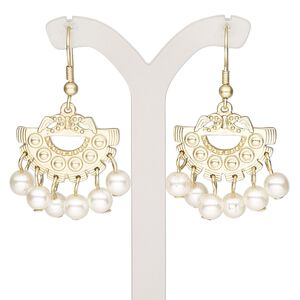 Earring, plastic pearl / gold-finished brass / steel / "pewter" (zinc-based alloy), white, 2 inches with matte fan and fishhook ear wire. Sold per pair.