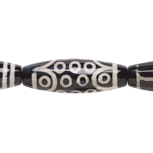 Bead, agate (dyed / heated), black / grey / white, 30x10mm faceted long barrel, B grade, Mohs hardness 6-1/2 to 7. Sold per 8-inch strand, approximately 7 beads. image number 0