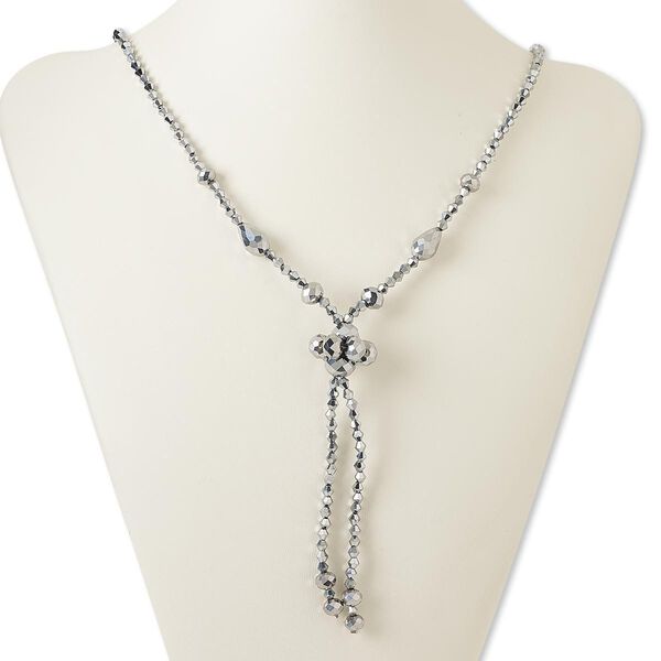 Necklace, glass and brass, silver, 4-inch dangle with 4mm rondelle, 28-inch continuous loop. Sold individually. image number 0