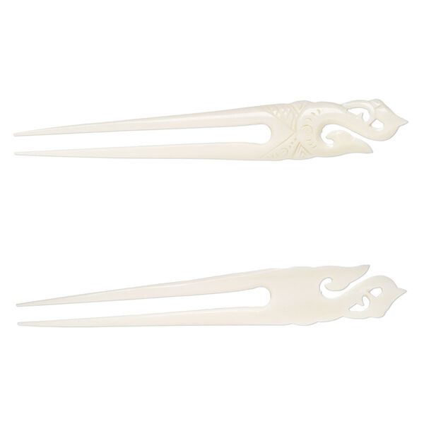 Hair stick, bone (bleached), pkg/1, 6 to 6-1/2 inches with fancy hook. image number 0
