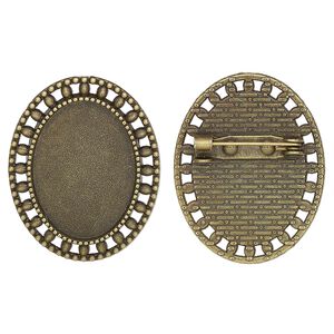 Brooch back, glue-in, antique brass-finished "pewter" (zinc-based alloy), 33x26.5mm single-sided oval with beaded edge with 25x18mm oval setting. Sold per pkg of 2.