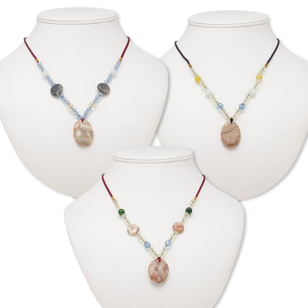 Multi-gemstone / acrylic / glass 1pkg3, oval pendant necklace mix continuous loop 20 inch 30x23mm-33x24mm image number 0