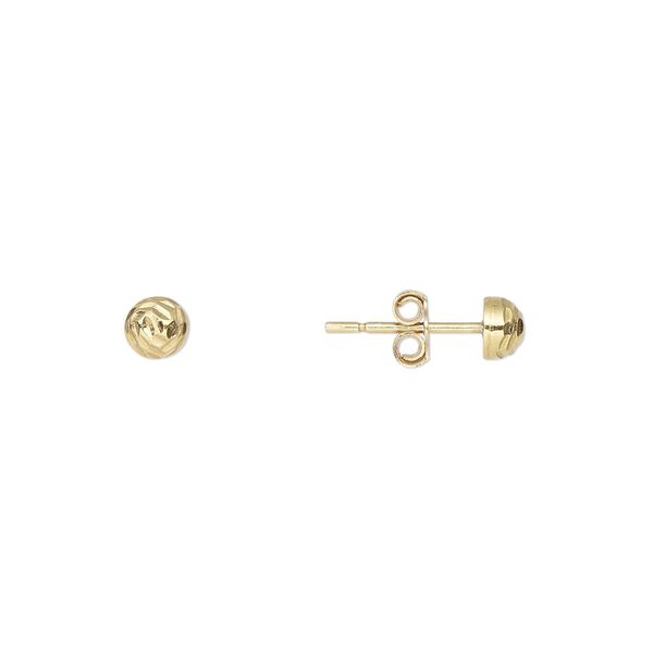 Earstud, gold-finished sterling silver, 4mm diamond-cut half-ball with post. Sold per pair. image number 0