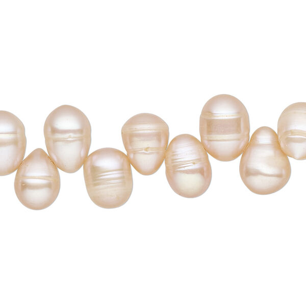 Pearl, cultured freshwater, peach, 9x7mm-14x7mm top-drilled rice, C grade, Mohs hardness 2-1/2 to 4. Sold per 15-inch strand. image number 0