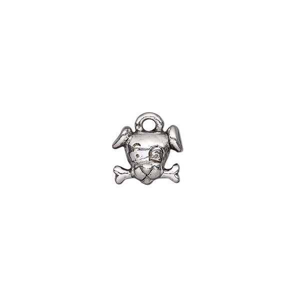 Charm, antique silver-plated pewter (tin-based alloy), 11x9mm single-sided dog head with bone. Sold per pkg of 2. image number 0