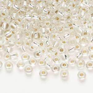 Seed bead glass 1pk #6 round, opaque silver-lined crystal clear 100 gram