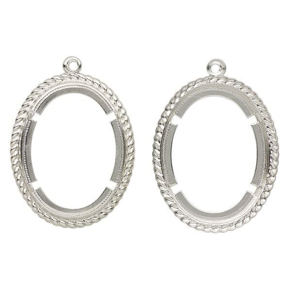 Focal, antique silver-finished "pewter" (zinc-based alloy), 36x29mm with rope edges and 30x20mm oval cabochon setting. Sold per pkg of 2. image number 0