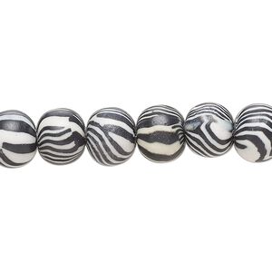 Bead, polymer clay, opaque zebra, 8mm round. Sold per 16-inch strand.