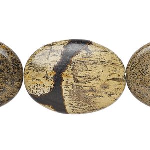 Limestone 1pkg1, flat oval bead natural 15.5-16 inch 30x22mm