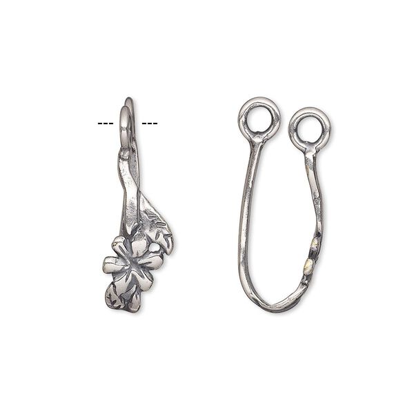 Bail, donut, antique silver-plated brass, 22x7.5mm single-sided flower and leaf, 16.5mm grip length. Sold individually. image number 0