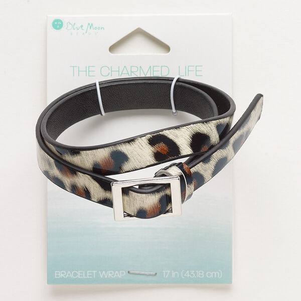 Bracelet, wrap, vinyl and silver-finished "pewter" (zinc-based alloy), brown and black, 10mm wide with leopard print design, adjustable up to 17 inches. Sold individually. image number 0