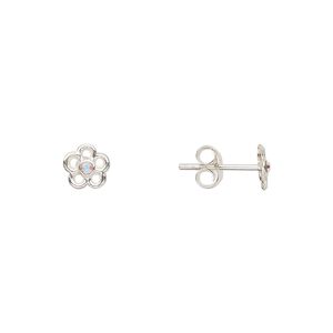Earstud, Create Compliments®, sterling silver and crystal, clear AB, 6mm flower. Sold per pair.