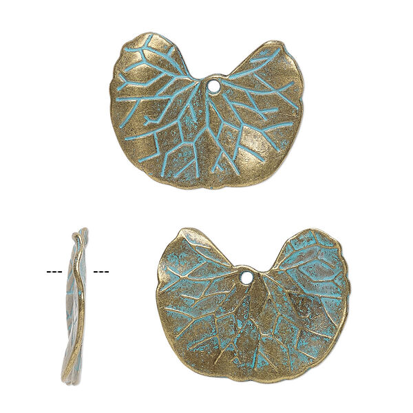 Charm, antique brass-finished "pewter" (zinc-based alloy), green patina, 27x22mm ginkgo leaf. Sold per pkg of 4. image number 0