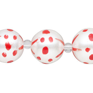Bead, glass 1pkg8, opaque red and white, 16mm hand-painted round.