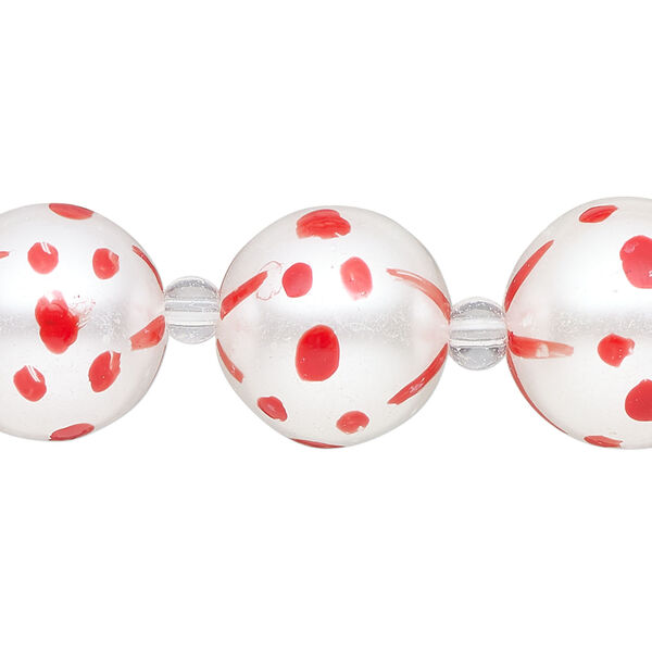 Bead, glass 1pkg8, opaque red and white, 16mm hand-painted round. image number 0