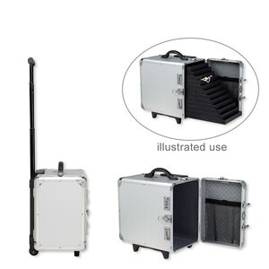 Jewelry case, aluminum / steel / plastic / polyester / VELCRO®, grey and black, 17-1/2 x 16 x 11 inches with diamond pattern and wheels. Sold individually.