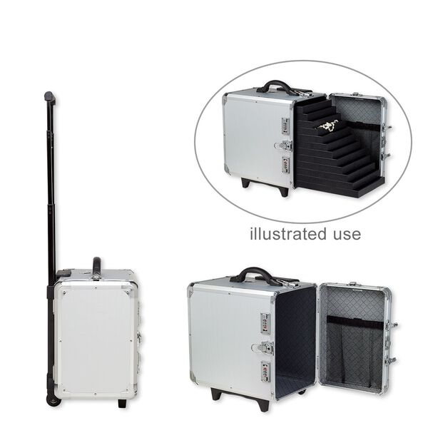Jewelry case, aluminum / steel / plastic / polyester / VELCRO®, grey and black, 17-1/2 x 16 x 11 inches with diamond pattern and wheels. Sold individually. image number 0