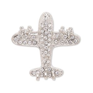 Spot pin, Czech glass rhinestone with silver-plated brass and "pewter" (zinc-based alloy), clear, 33x22mm airplane. Sold individually.