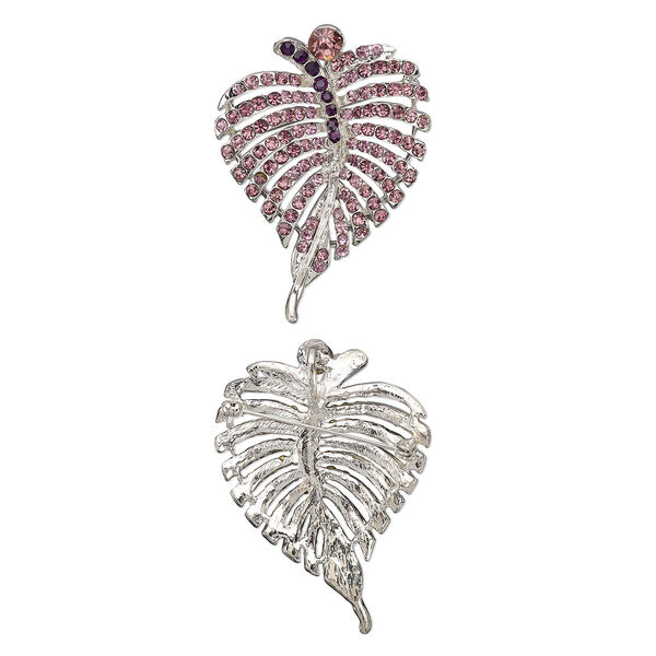 Brooch, glass rhinestone and imitation rhodium-plated "pewter" (zinc-based alloy), dark purple and light purple, 64x46mm leaf. Sold individually. image number 0