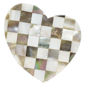 Focal, black lip shell / mother-of-pearl shell / resin (assembled) 1pkg1, 59x57mm-62x60mm undrilled 1sided floating heart with checkerboard pattern.