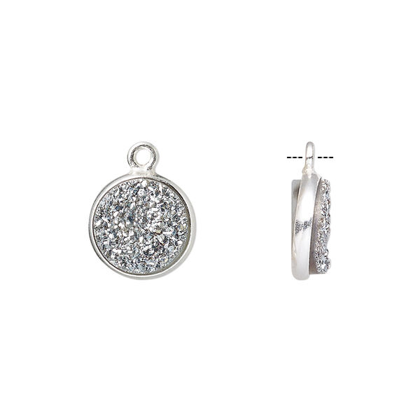 Drop, titanium- / electro-coated druzy agate (coated) / sterling silver, antique silver, 11mm hand-cut single-sided flat round. Sold individually. image number 0