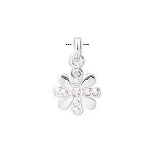 Charm, sterling silver and crystal rhinestone, clear AB, 16x14mm flower. Sold individually.