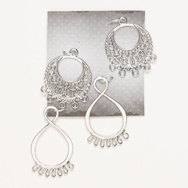 Focal and finding, silver-finished "pewter" (zinc-based alloy), mixed shapes. Sold per pkg of 4. image number 0