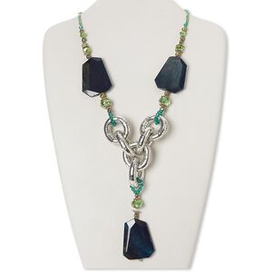 Necklace, cultured freshwater pearl / crackle agate (dyed / heated) / glass / silver-finished steel / gold-finished "pewter" (zinc-based alloy) / silver-plated brass, green and teal green, 5-inch dangle with 48x36mm faceted flat freeform, 27 inches with 2-inch extender chain and lobster claw clasp. Sold individually.