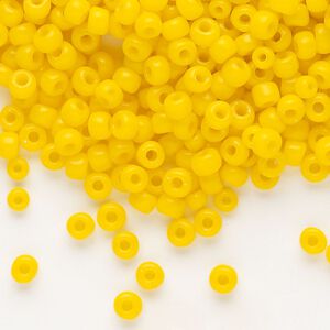 Seed bead, Dyna-Mites™, glass, opaque dark yellow, #6 round. Sold per 40-gram pkg.