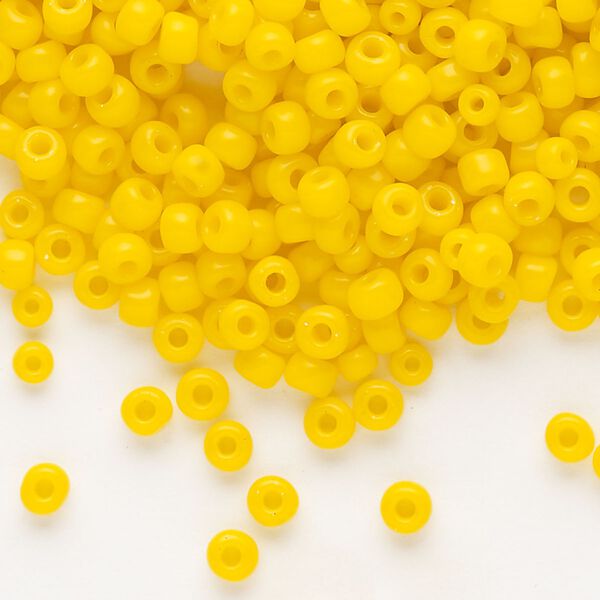 Seed bead, Dyna-Mites™, glass, opaque dark yellow, #6 round. Sold per 40-gram pkg. image number 0