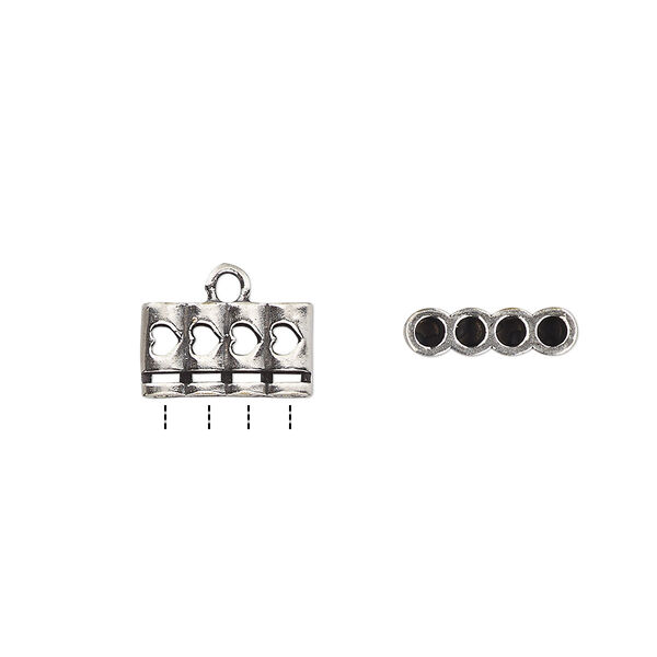 Cord end, glue-in, antique silver-plated brass, 12x7mm 4-strand double-sided with heart cutout design, 2mm inside diameter. Sold per pkg of 2. image number 0