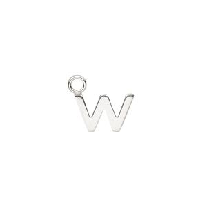 Charm, sterling silver, 12x8mm single-sided modern square alphabet letter W. Sold individually.