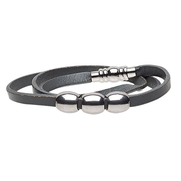 Bracelet, 3-strand wrap, leather (dyed) and stainless steel, grey, 10mm wide with 10mm barrel, 6 inches with magnetic clasp. Sold individually. image number 0