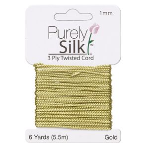 Cord, Purely Silk™, gold-green, 1mm twisted, 3-ply. Sold per 6-yard card.