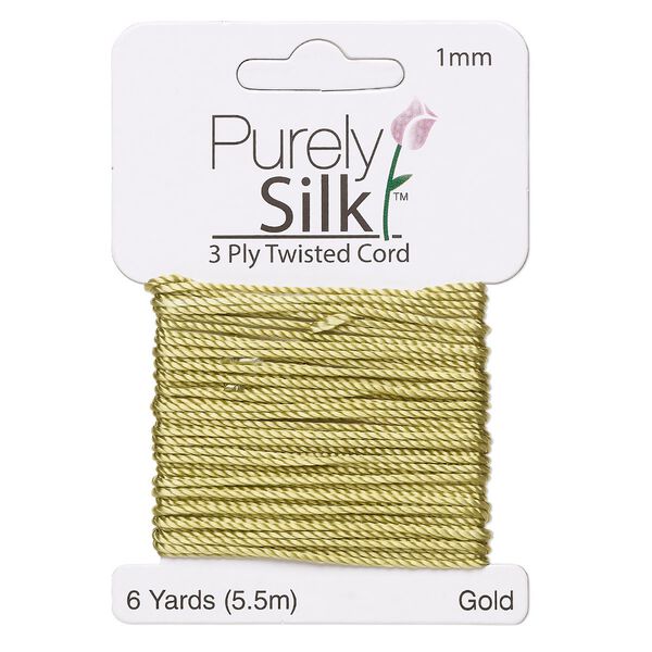 Cord, Purely Silk™, gold-green, 1mm twisted, 3-ply. Sold per 6-yard card. image number 0