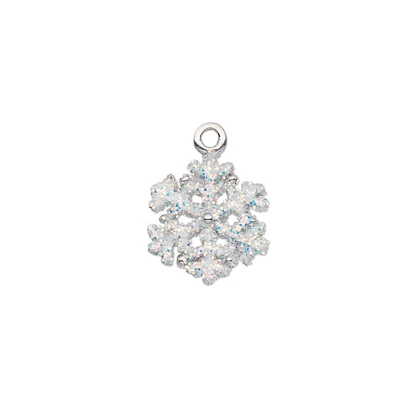 Charm, silver-plated "pewter" (zinc-based alloy) and enamel, white, 13mm double-sided snowflake with glitter. Sold individually. image number 0