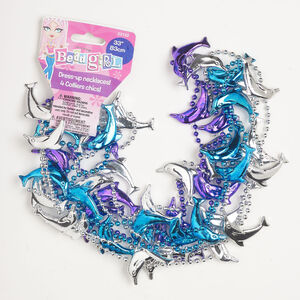 Necklace 1pkg4, acrylic, purple / silver / blue, 37x32mm dolphin, 28 inches continuous loop.