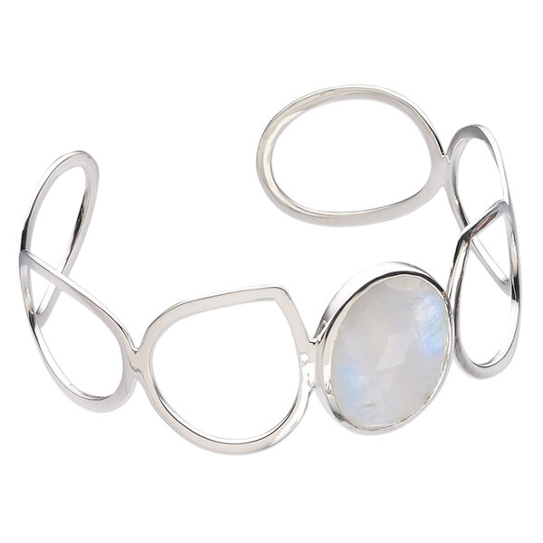 Bracelet, cuff, rainbow moonstone (natural) and sterling silver, 27mm wide with faceted oval, 7-1/2 inches. Sold individually. image number 0