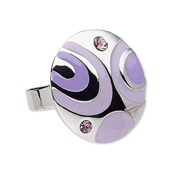 Ring, enamel / glass rhinestone / antique silver-plated "pewter" (zinc-based alloy), purple and lavender, 29mm round, adjustable. Sold individually. image number 0