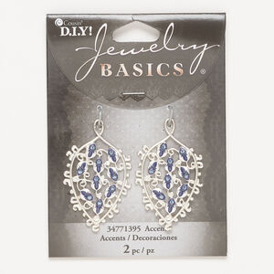 Focal 1pkg2, silver-finished brass / acrylic / enamel, blue and purple, 37x27mm filigree leaf.